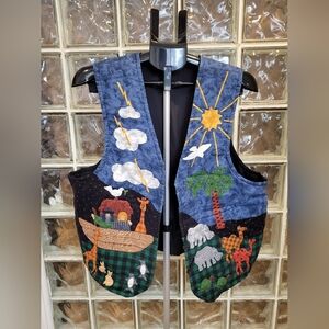 VTG Handmade Vest M/L Cotton Quilted Reverse Open Style Animals Noahs Ark Bible